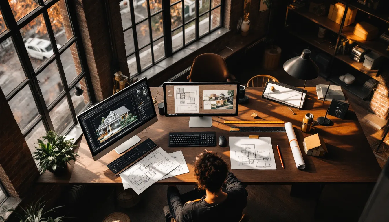 The Baucis & Philemon drafting desk in a Brooklyn brick loft, with a cottage floor plan on screen, rolled plan sheets and a tabbed code binder